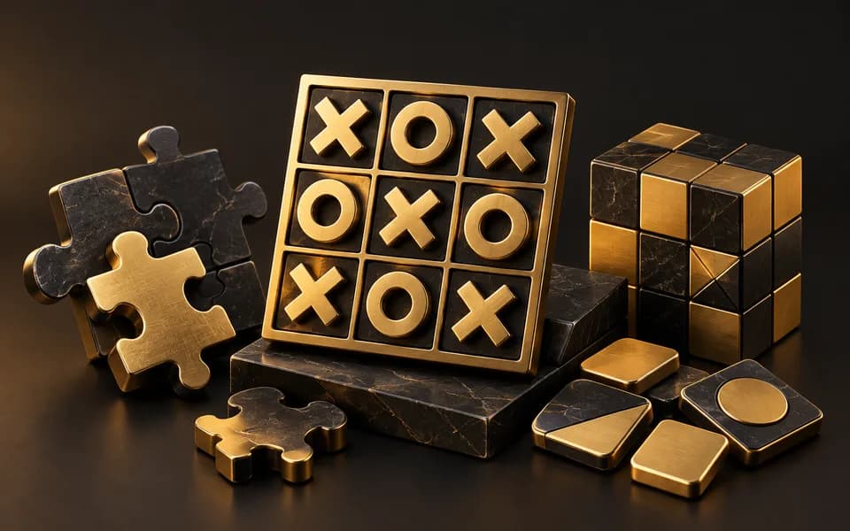 Gold tic tac toe pieces and geometric puzzle boards on dark stone