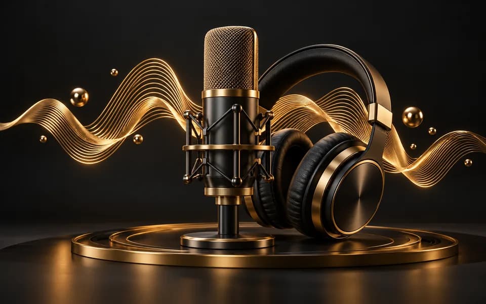 Studio microphone and headphones beside a golden audio waveform