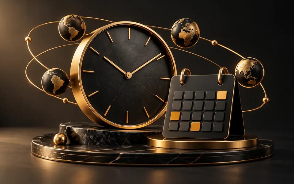 Sculptural clock, calendar grid and time zone rings