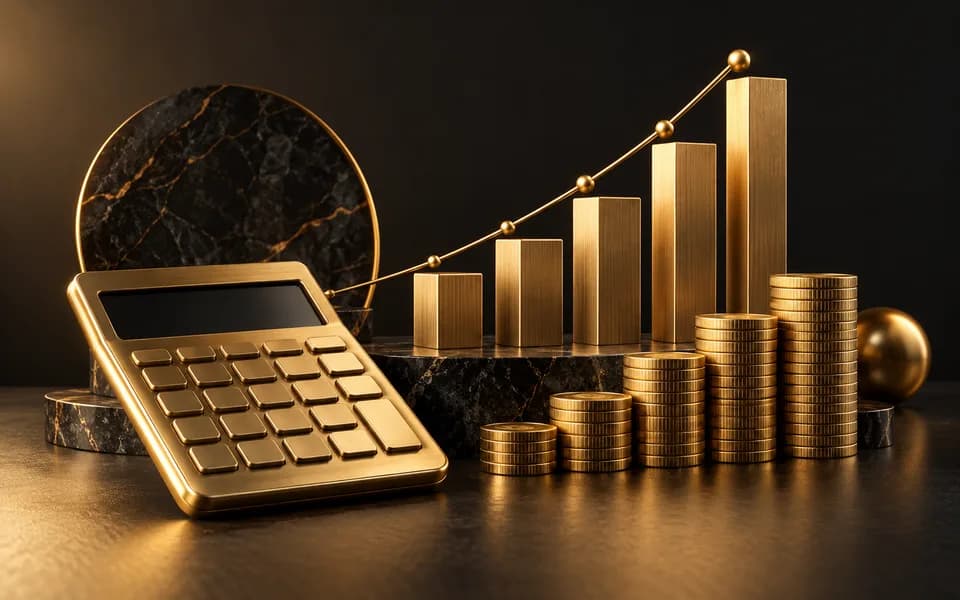 Financial planning scene with calculator, coins and ascending columns
