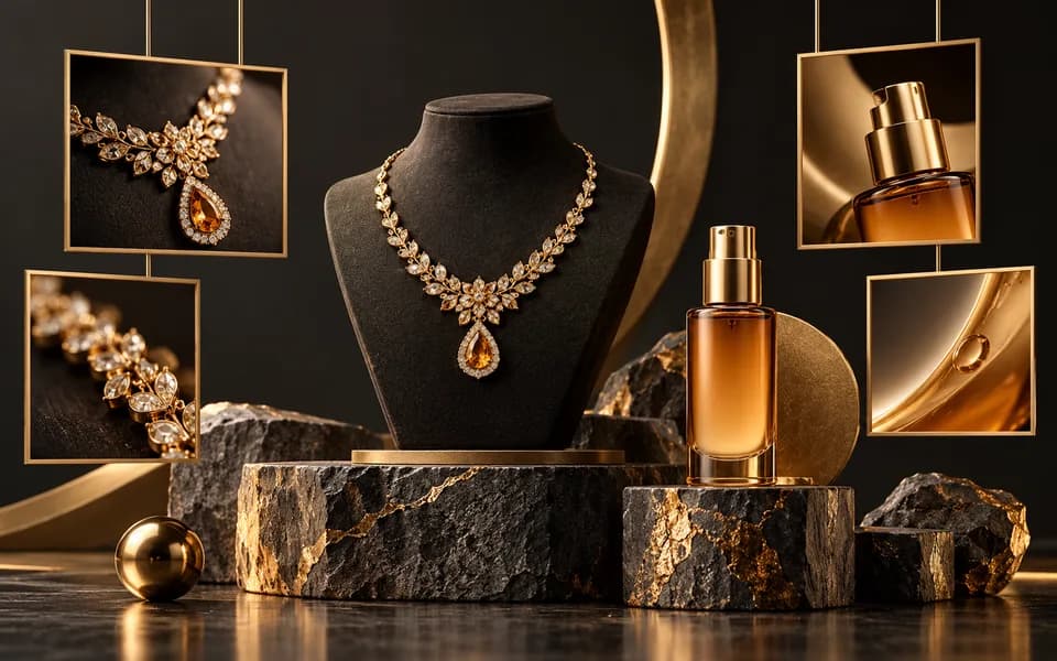 Gold jewellery and skincare products in a creative photography studio