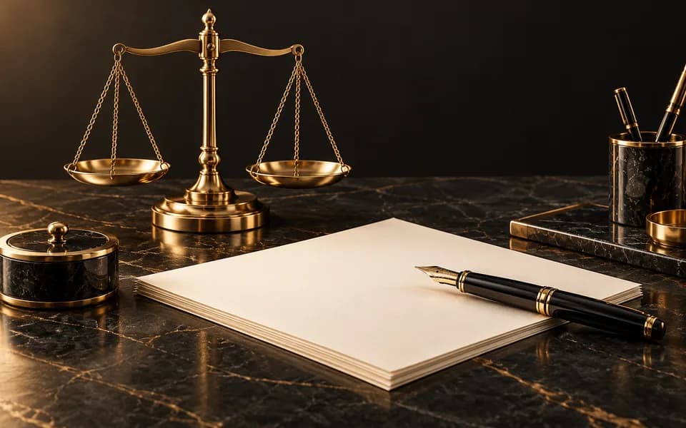 Balanced scales, fountain pen and blank legal documents