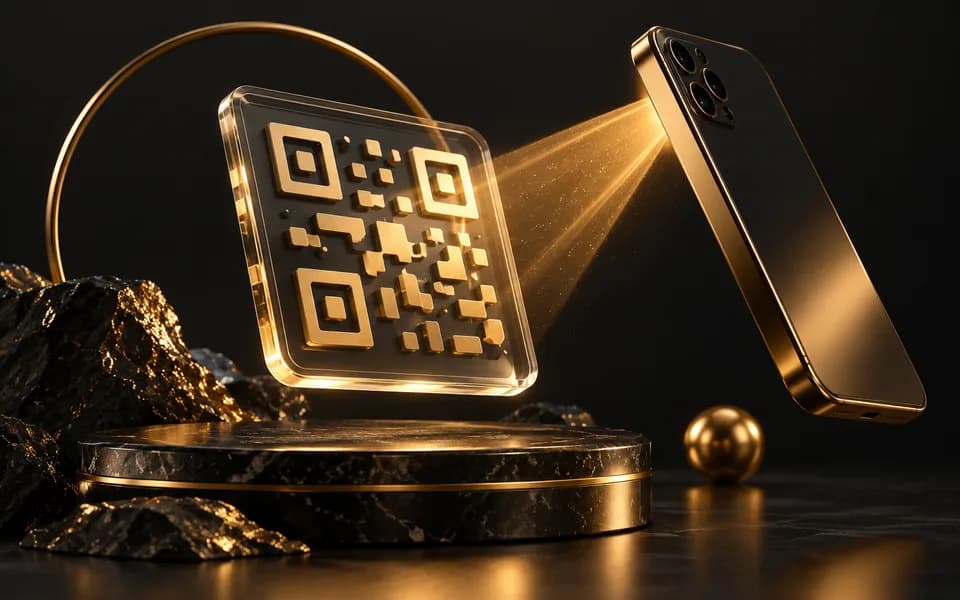 Illustrative code pattern and smartphone with a golden scanning beam