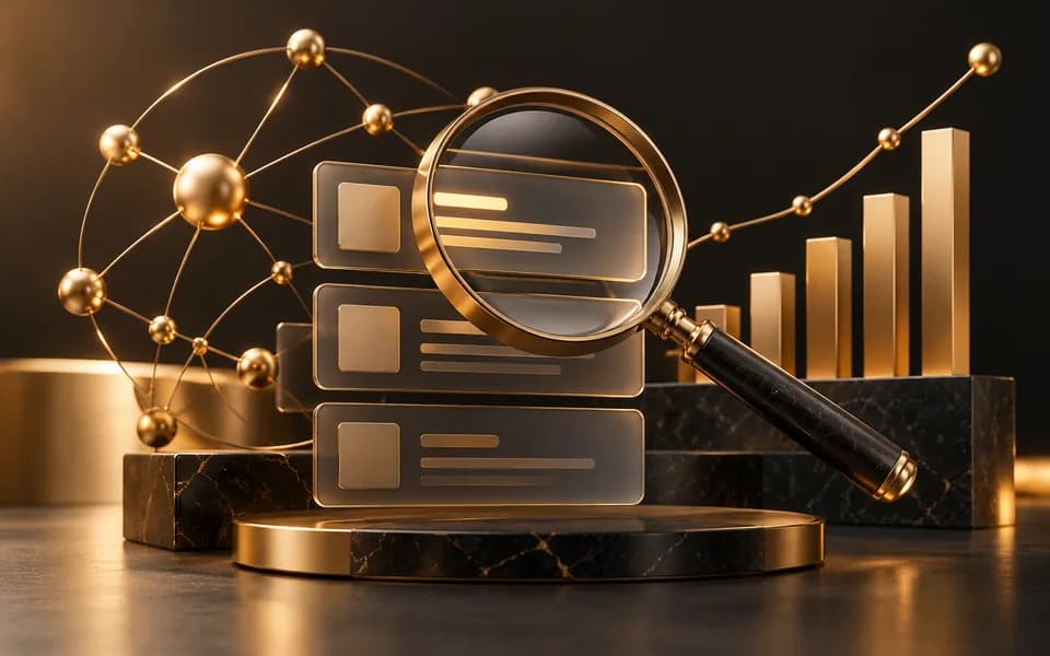 Magnifying glass over search result cards and a discovery network