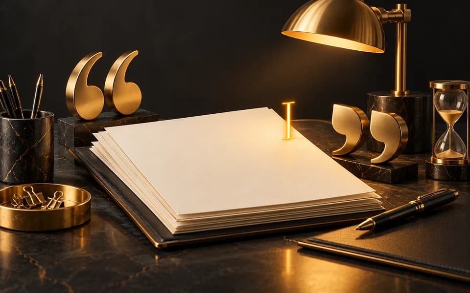Manuscript pages, quotation marks and an editing cursor