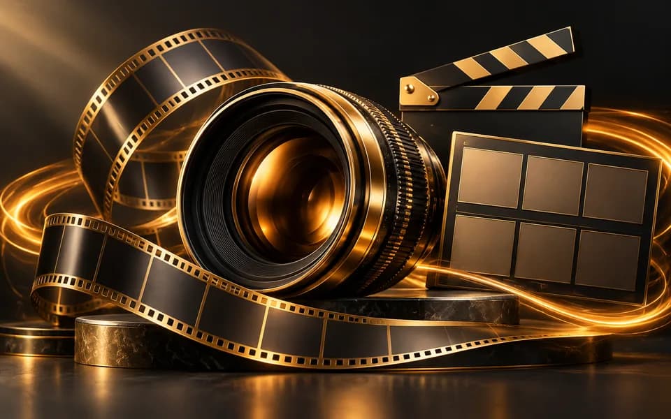 Cinematic camera lens, film strips and video storyboard panels