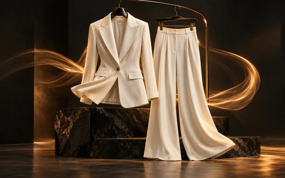 Ivory jacket and trousers displayed in a cinematic fashion studio