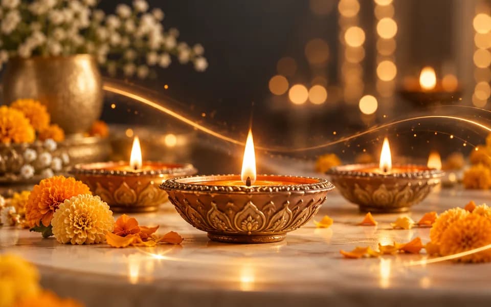Festive diyas and marigolds with warm cinematic lights