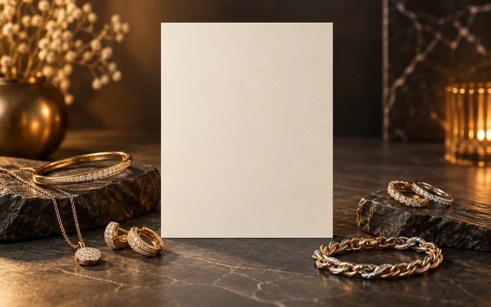 Gold and silver jewellery beside a blank retailer campaign card