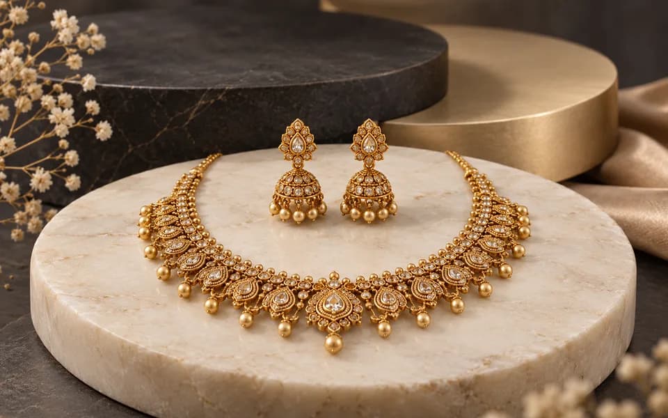 Complete gold necklace and earrings arranged in a jewellery studio
