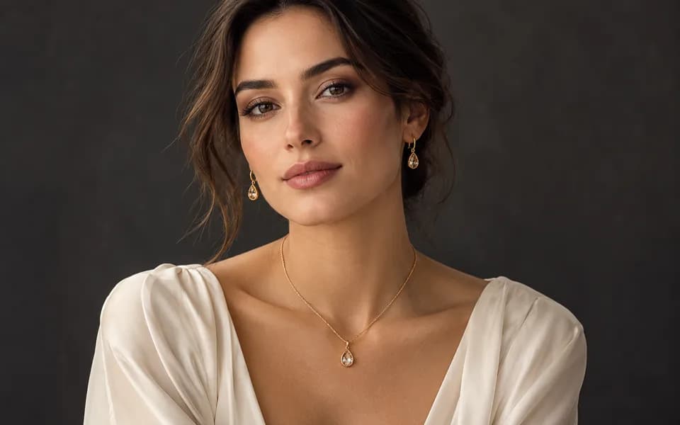 Editorial portrait showing a gold necklace and matching earrings