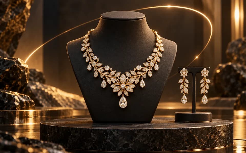 Gold necklace and earrings on a dark pedestal with an orbiting light arc