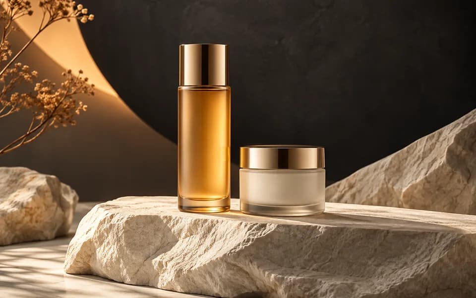 Cosmetic bottle and jar photographed on sculptural stone in a studio