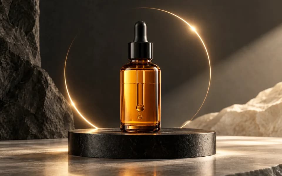 Studio product bottle with an amber camera-orbit light trail