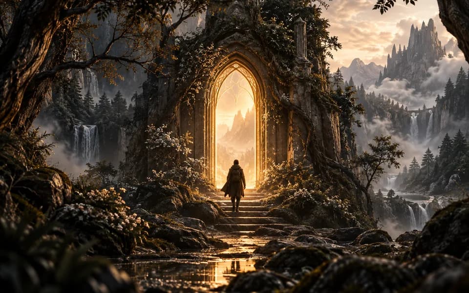 Traveller approaching a glowing doorway in an atmospheric woodland