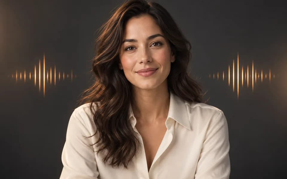 Presenter portrait with an abstract audio waveform
